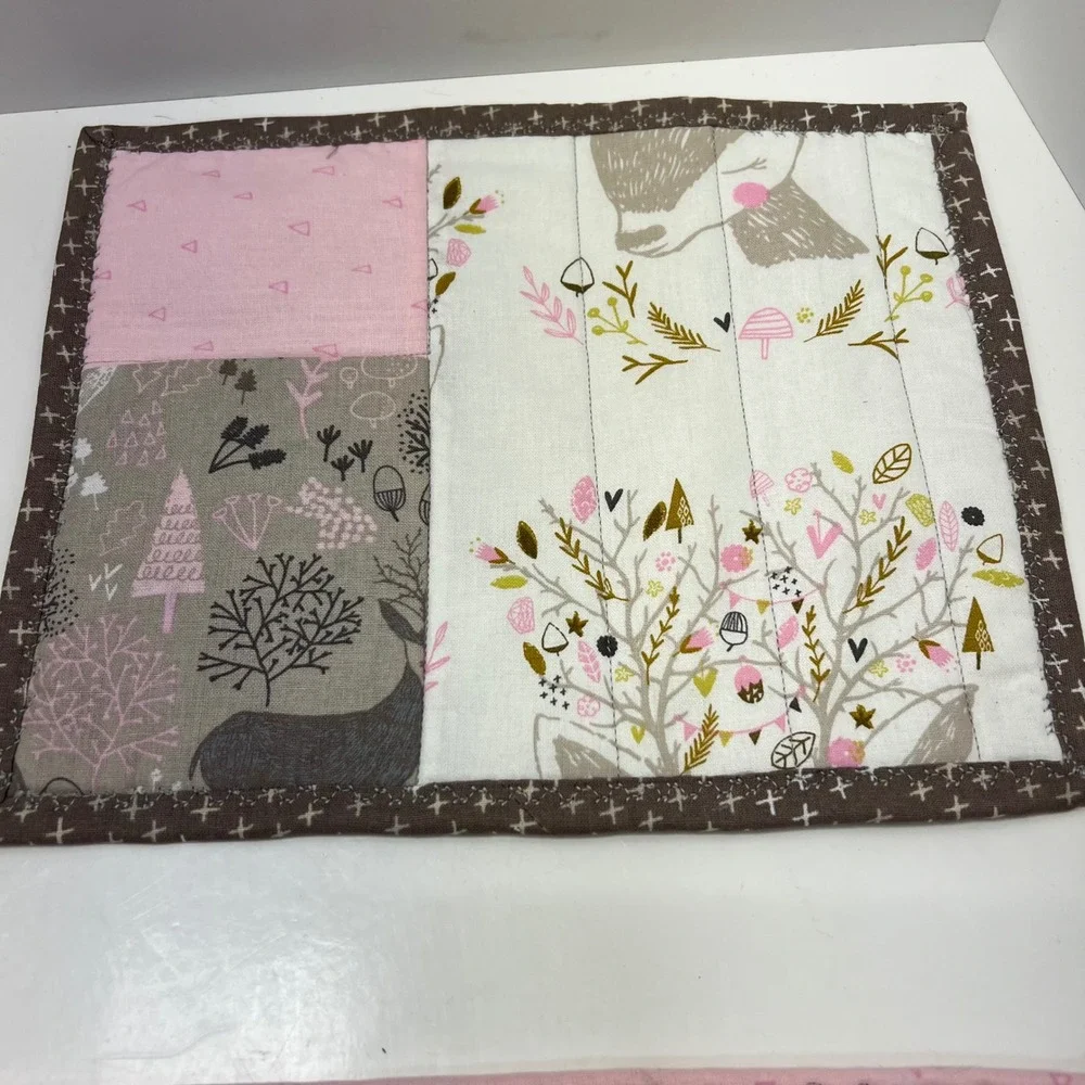 Handmade Woodland Deer Bunny‎ Kids Placemats Set of 4 Pink Brown Reversible 10x8